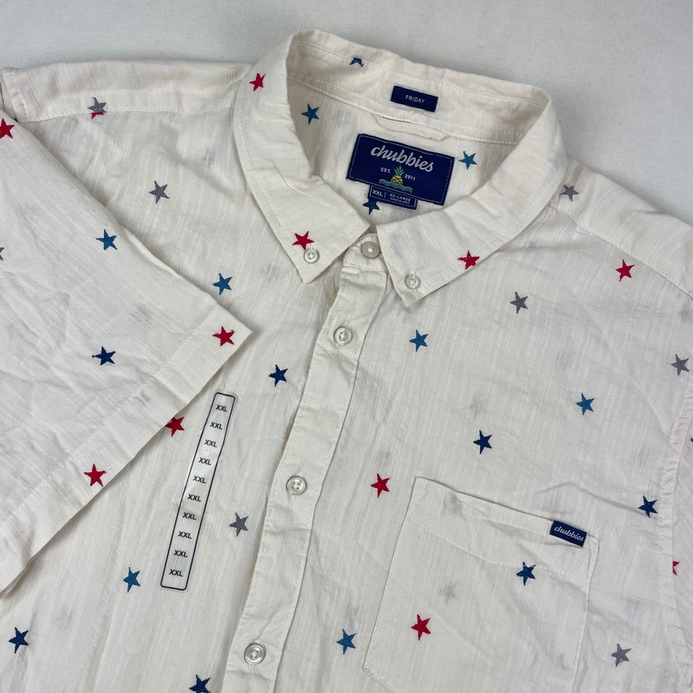 Chubbies The Friday Shirt Mens XXL White Red Blue Star Short Sleeve Button Down